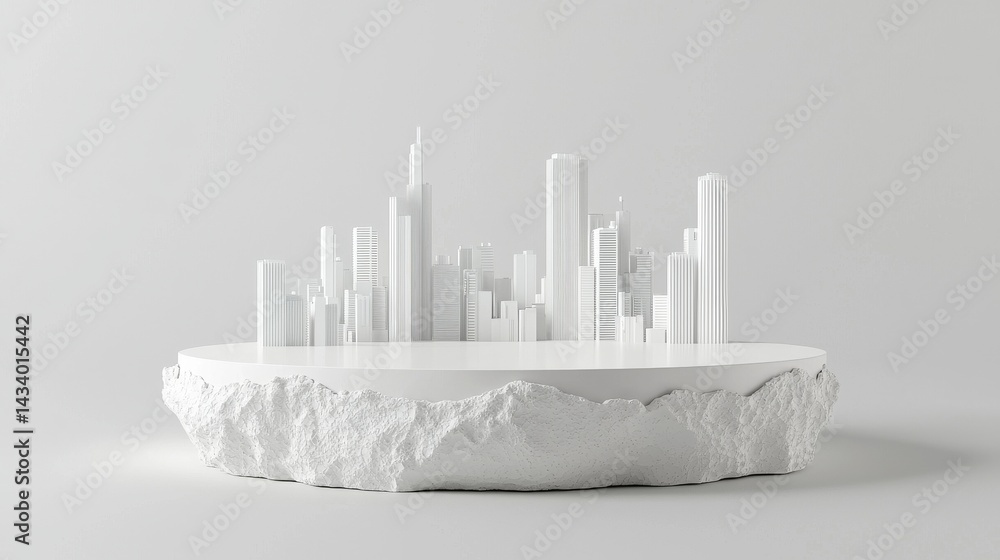 Poster a modern abstract cityscape model featuring sleek white structures on a smooth base.