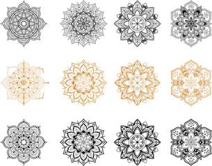 Vector set of seamless patterns, ornamental decorative elements. A group of geometric symmetrical configuration symbols of sand, healing and teaching mandala arts, illustrations on white background.