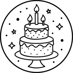 Simple Black Line Birthday Cake Icon with Candles