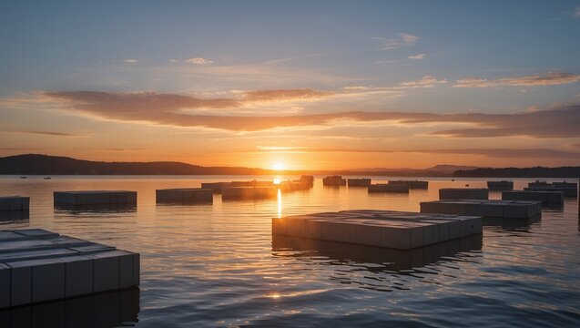 Golden sunset over tranquil floating structures