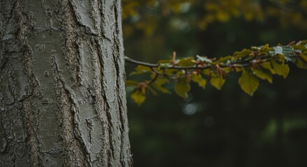 Rustic tree bark texture with emerging leaves offering natures pattern