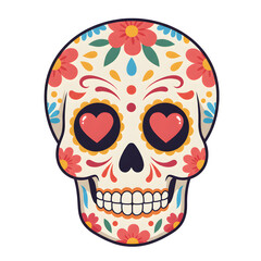 Isolated illustration of a sugar skull with intricate floral decorations and heart-shaped eyes in a festive palette of red, yellow, blue, and green, symbolizing the Day of the Dead