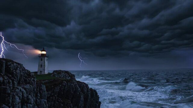 Stormy lighthouse: dramatic lightning over ocean with rolling waves