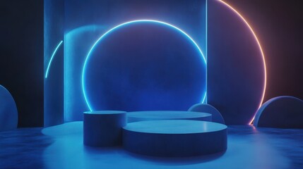 Abstract realistic 3d blue cylinder pedestal podium with a dark blue abstract room with semi circle glowing neon lighting scene. Rendering product display presentation. Round.