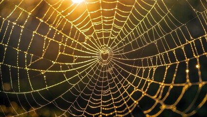 Fototapeta premium Golden web illuminated by morning dew and sunrise