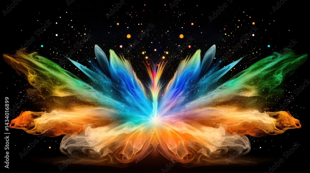 Poster rainbow-hued dust particles exploding in abstract burst pattern