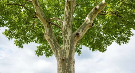 Majestic sycamore tree with its mottled bark reaching towards the sky