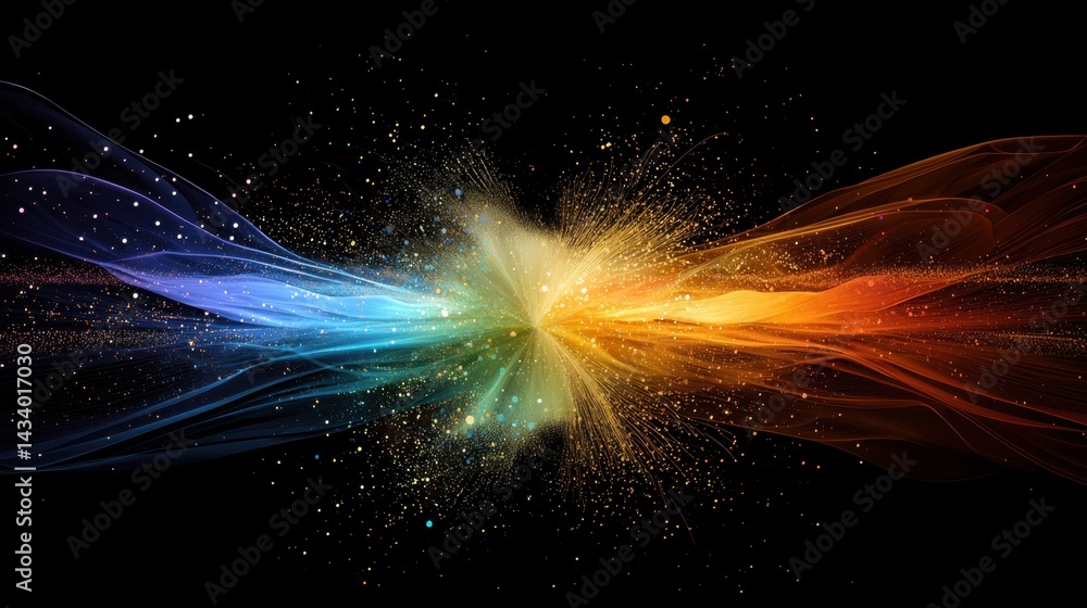 Poster rainbow-hued dust particles exploding in abstract burst pattern