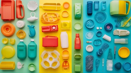 An eye-catching arrangement of various colored plastic objects showcasing the creative potential of upcycled materials