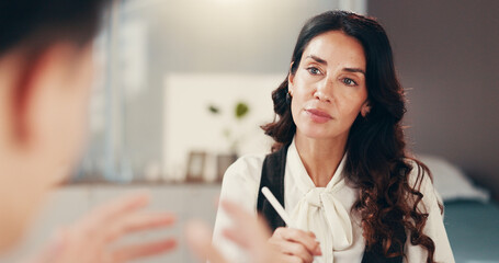 Doctor, consulting and patient with woman in office for healthcare advice, insurance and results....