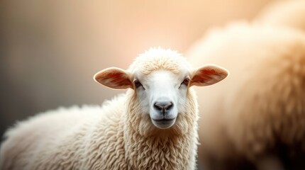 Obraz premium Sheep Looking at Camera on a Farm with Soft Lighting