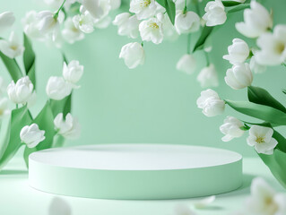 An empty oval podium stands against a background of white jasmine flowers near the walls and floor in pastel green. Realistic background for product presentation.