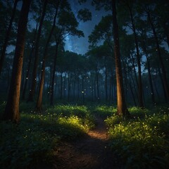 Fototapeta premium A hidden forest where fireflies guide lost travelers to a magical realm.