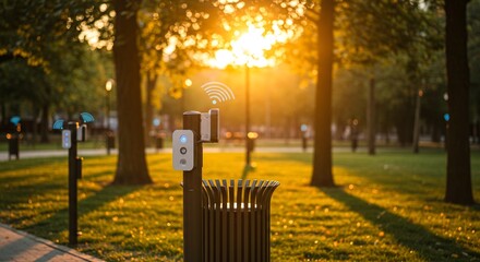 Smart trash can with sensor in a park at sunset with trees and grass in the background landscape view