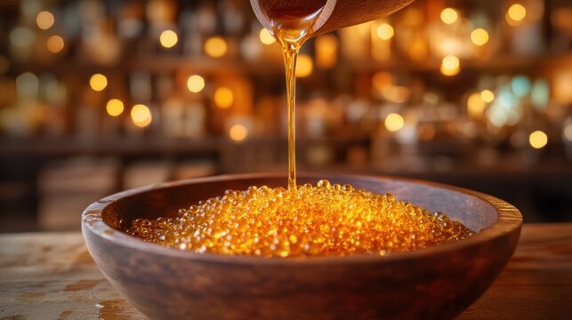 Golden elixir poured over nutritious spheres