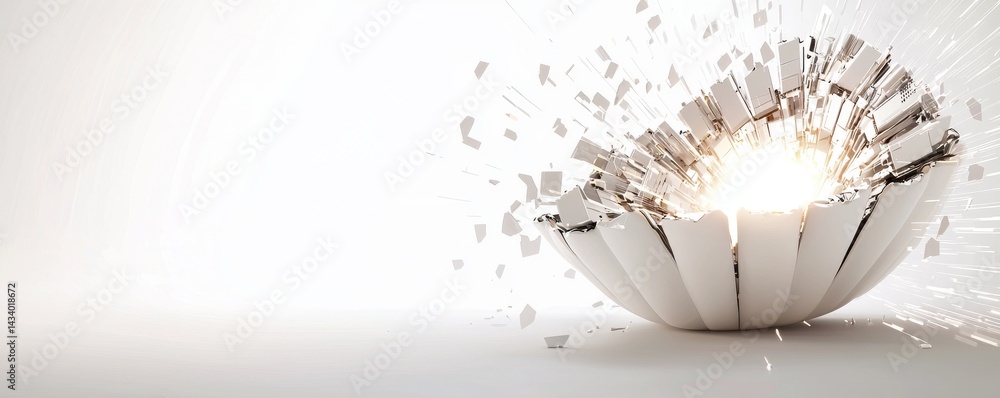 Poster a stunning visual of a light burst emerging from a broken shell, symbolizing innovation.