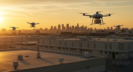 Aerial drone fleet carrying packages over industrial buildings at sunset with city skyline view