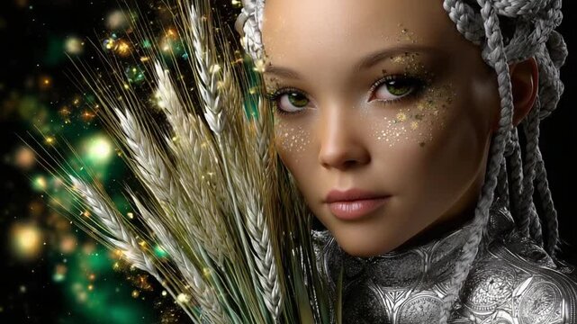 Delve into a mesmerizing portrayal of Virgo, highlighting the connection between beauty and nature. The subject embodies Earth&rsquo;s attributes with elegance and detail, reflecting astrological themes