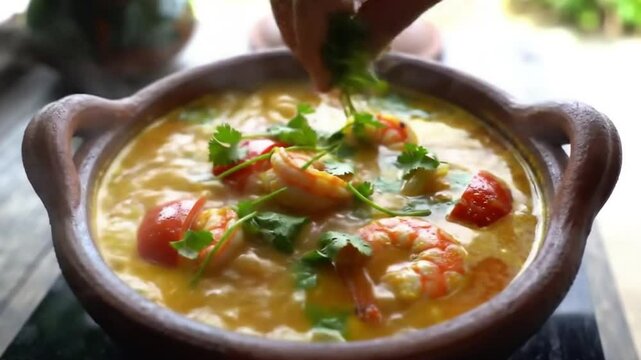 Traditional Brazilian moqueca cooking in a clay pot. How to make delicious shrimp stew recipe cooking seafood at home easy dish