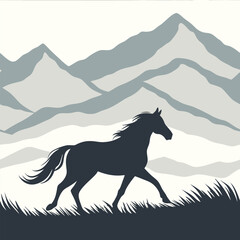 "Dynamic horse silhouettes running through diverse landscapes including desert, jungle, grassland, and mountains under dramatic skies, vector illustration"