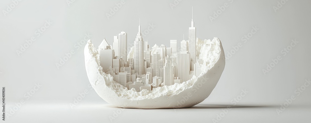 Poster a unique model of a city skyline displayed within a minimalist design.