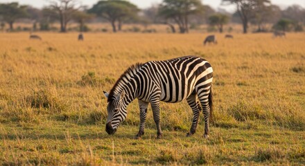 Obraz premium Solitary zebra grazing in the expansive golden savanna at sunrise