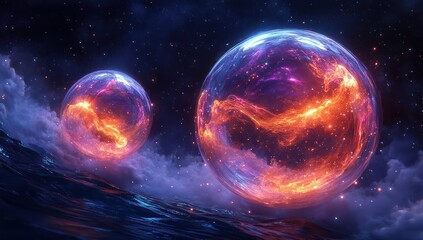 Obraz premium Cosmic orbs with ocean, and night sky.