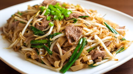 Stir Fried Flat Rice Noodles with Tender Beef Slices and Fresh Sprouts Garnished with Green Onions