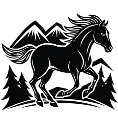 "Dynamic horse silhouettes running through diverse landscapes including desert, jungle, grassland, and mountains under dramatic skies, vector illustration"