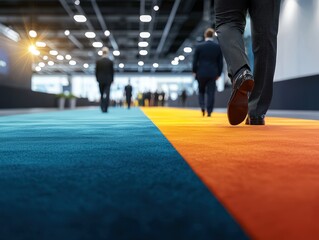 Businesspeople walking in a modern indoor corridor with colorful carpet, professional atmosphere, corporate environment, and people in formal attire