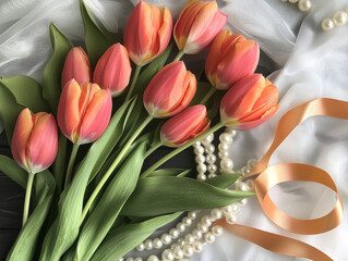 A bouquet of red tulips wrapped with a ribbon and pearl beads lies on light silk. Realistic festive spring still life.