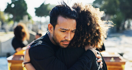 Hug, sad and funeral with people, graveyard and grief with emotion, mental health or sorrow....
