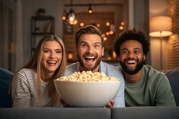 Happy friends enjoying movie night together at home with large bowl of popcorn, smiling and laughing in cozy living room setting