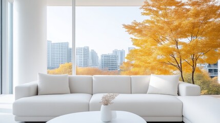 Modern living room with panoramic city view and autumnal foliage.  A bright,
