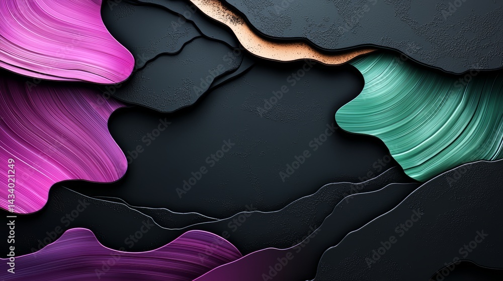 Poster black and purple background with a green and pink swirl. the background is a collage of different co
