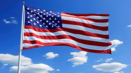 American flag waving against blue sky with clouds. A vibrant American flag with fifty shiny stars and thirteen horizontal stripes proudly waves against a clear blue sky with puffy.