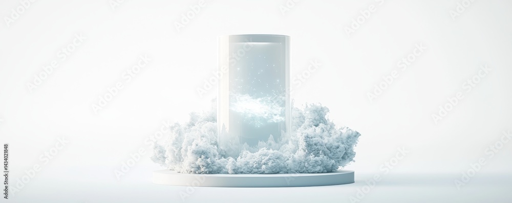 Poster abstract design featuring a cylindrical shape surrounded by soft clouds.