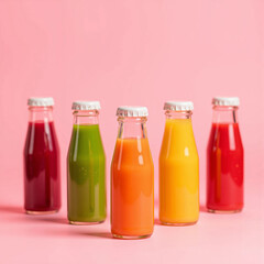 Colorful Fruit and Vegetable Juice Bottles – Vibrant Smoothies in Glass Containers on Pink Background