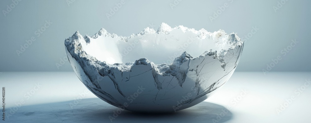 Poster an artistic broken bowl showcasing a unique design and texture in a minimalist setting.