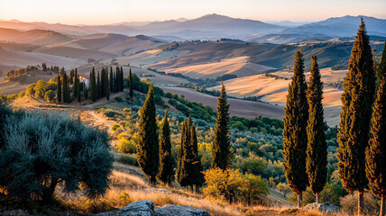 Stunning vista of rolling hills and cypress trees at sunset in Tuscany