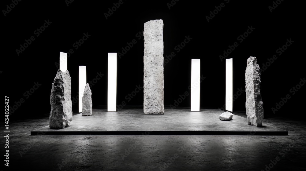 Poster black and white photo of a large stone pillar surrounded by smaller stones. the scene is stark and m