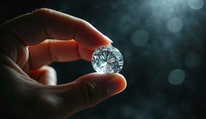 A brilliant round diamond delicately held between fingers, set against a dark bokeh background.