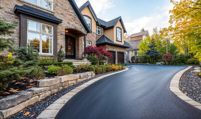 Freshly paved driveway enhances the curb appeal of a beautiful home in a serene neighborhood