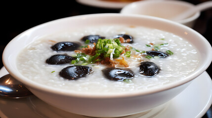 Silky Rice Porridge Cooked Slowly and Topped with Black Eggs and Green Onions in a White Bowl