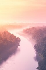 Misty River Sunrise Pastel Hues over Tropical Foliage