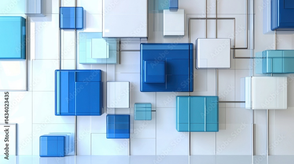 Poster simple tech-style background with blue blocks on bright white surface
