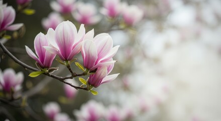 Elegant magnolia blossoms on a branch, a gentle dance of pink and white