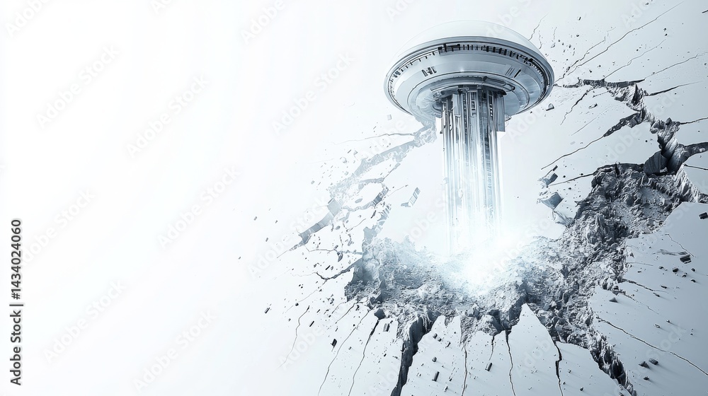 Poster futuristic cityscape with advanced structure breaking through a digital surface.