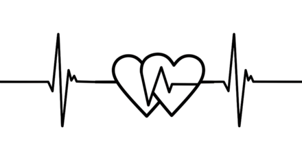 Black and white illustration of a heartbeat line with two hearts in the middle of the line