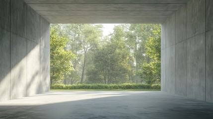 Sunlit Green Landscape Through Concrete Opening